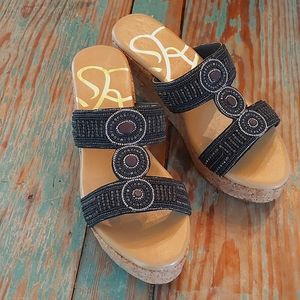 J. Renee Black Beaded Platform Wedge Sandal 7M